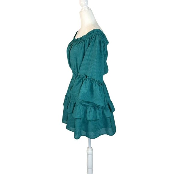 LELIS Collection-Shoulder Teal Mini Dress Size m With Bell Sleeves & Ruffle Deta - Picture 2 of 10
